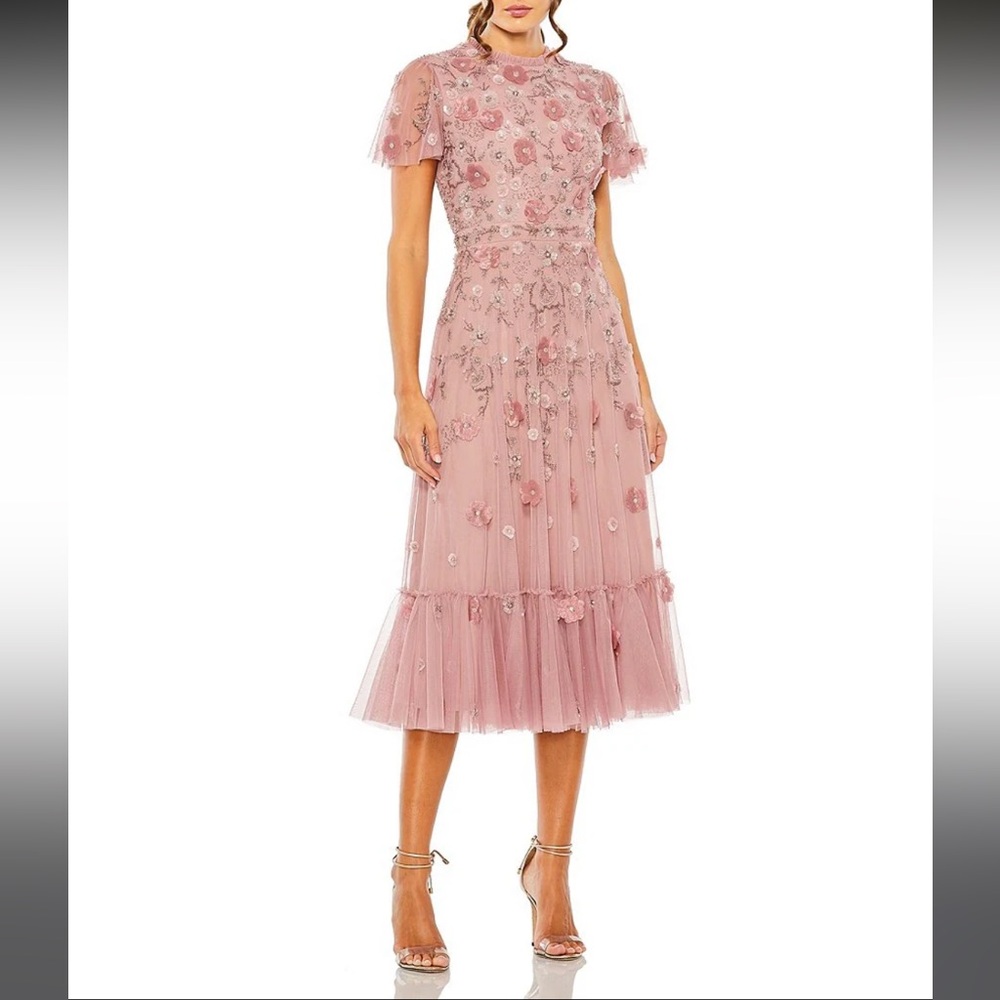 Mac Duggal Sequined Floral Tulle Midi-Dress